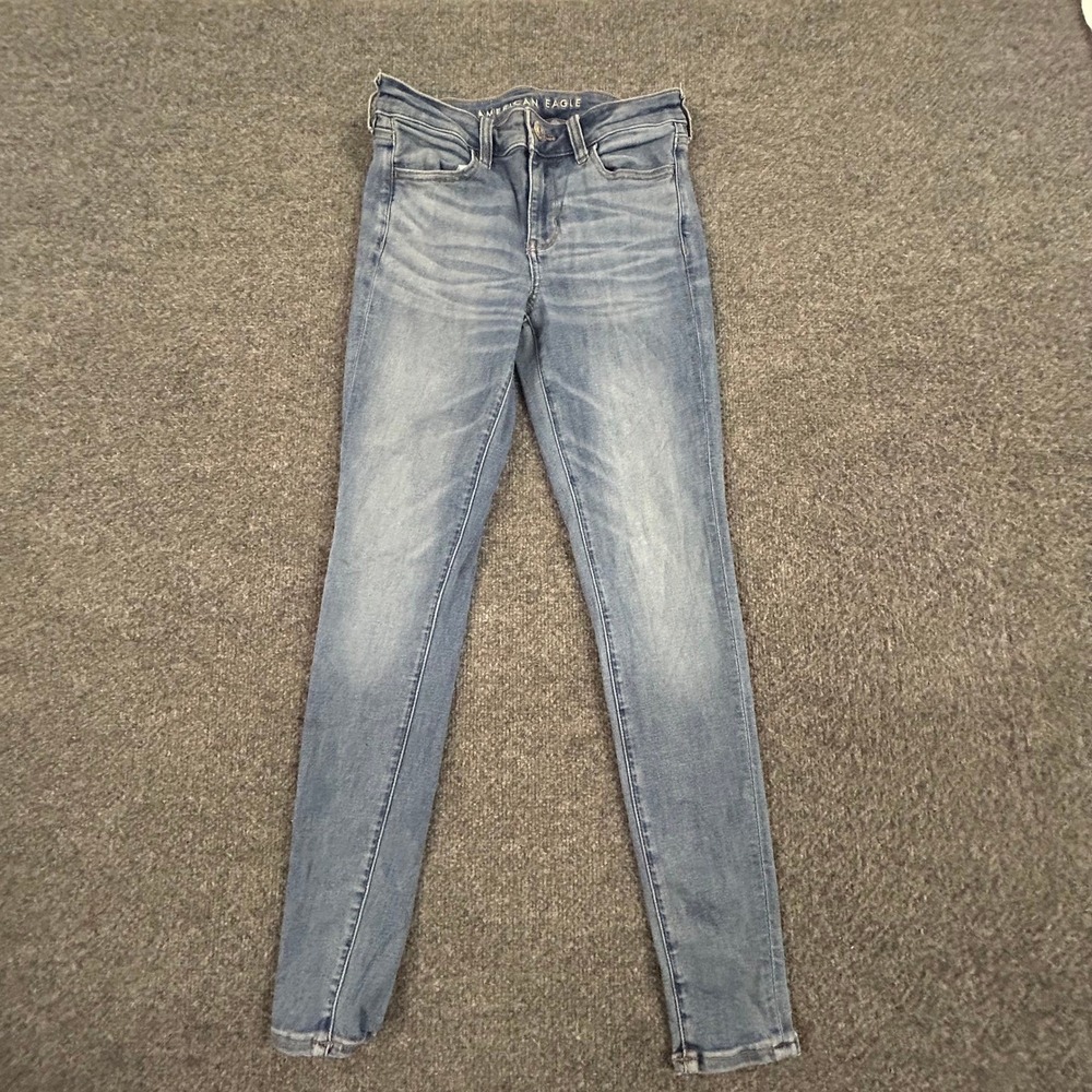 American Eagle Jeans Womens Size 2 Blue Skinny High Rise Whiskered Denim Stretch